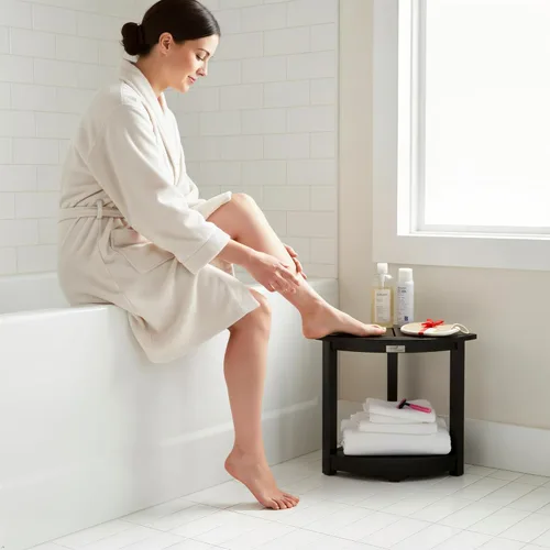 Miniatura 2 de VICTORY RELAX Estante esquinero de madera de acacia para ducha interior, banco de ducha impermeable y reposapiés para afeitarse las piernas, asiento