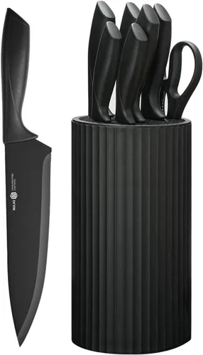 Juego de cuchillos de cocina de 8 piezas con bloque universal, cuchillos de chef antioxidantes, diseño ergonómico, apto para lavavajillas (negro)