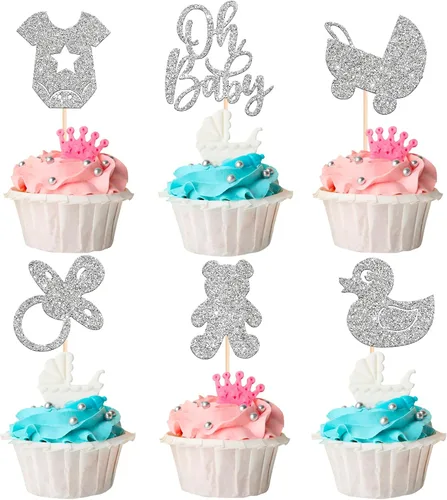 Miniatura 21 de 24 piezas Oh Baby Cupcake Toppers Glitter Baby Shower Cupcake Picks Reveal Género Decoración de Pasteles para Baby Shower Niños Niñas Fiesta de Azul
