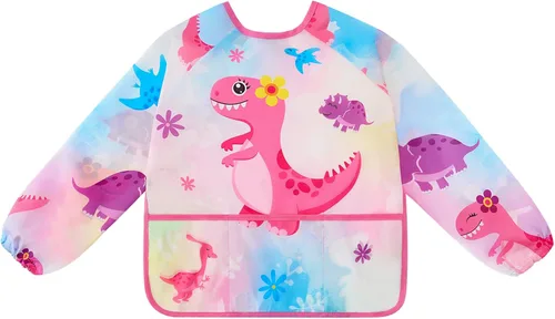Miniatura 2 de WERNNSAI Bata de arte para niños impermeable con manga larga y 3 bolsillos de pintura Dinosaurio B001