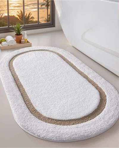 LUMI Alfombra de baño ovalada blanca, 24 x 44 pulgadas, antideslizante, lavable, alfombra de baño suave y absorbente con microfibra de secado rápido