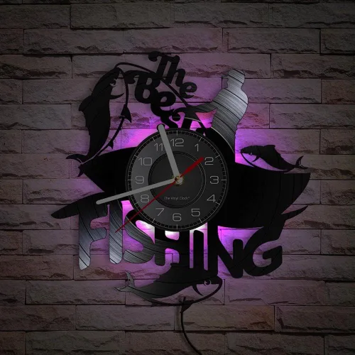Reloj de pared de pesca de 12 pulgadas, 7 tipos de color LED, moderno reloj de pared analógico decorativo con disco de vinilo analógico de cuarzo