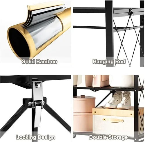 Miniatura 5 de Perchero resistente con ruedas, perchero de metal con estante de almacenamiento de 2 niveles, para colgar ropa, 28.0 x 13.0 x 61.4 in (negro)
