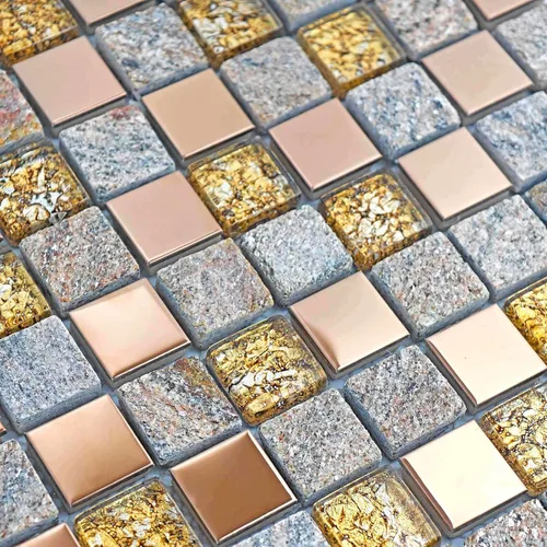 Hominter 5 hojas de azulejos de pared y piso, piedra gris y azulejos de vidrio, azulejos de acero inoxidable de oro rosa, mosaico metálico con