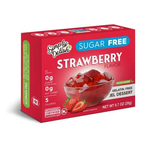 Simply Delish Postre natural de gelatina de fresa, sin azúcar, sin OMG, sin gluten, sin grasa, vegano, apto para dieta cetogénica, 0.7 onzas (0.7