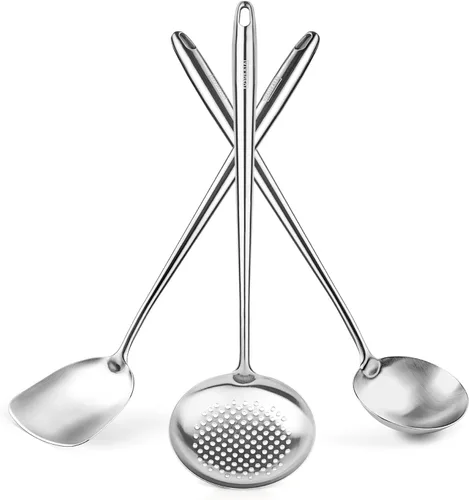 Yosukata Espátula de Wok de 17" y Cuchara Coladora con Cucharón - Juego de 3 Utensilios de Cocina de Acero Inoxidable - Juego de Utensilios de