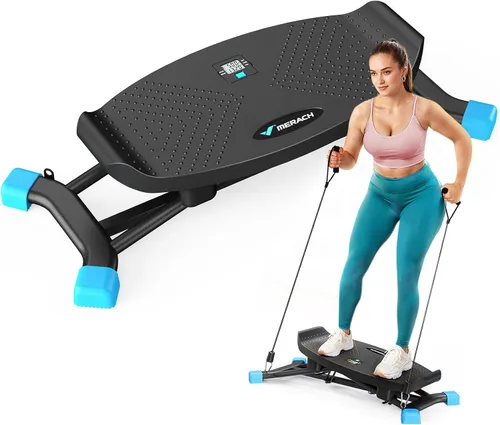 Merach Escalera para hacer ejercicio en casa, mini escalonera con bandas de resistencia, tabla de equilibrio portátil con monitor LCD, entrenador de