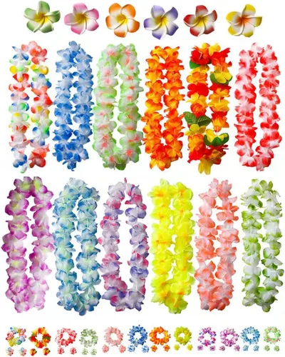 50 piezas suaves hawaianas Leis Luau decoraciones de fiesta tropicales regalos de fiesta Lei Hawaiian Flower Clip para el pelo, diademas y pulseras