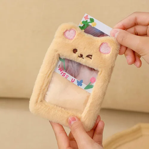 Miniatura 2 de Kawaii Bear Tiger Bunny - Soporte para tarjeta de fotos de felpa Kpop ID de crédito, tarjeta de autobús, funda protectora con colgante de foto (rosa)