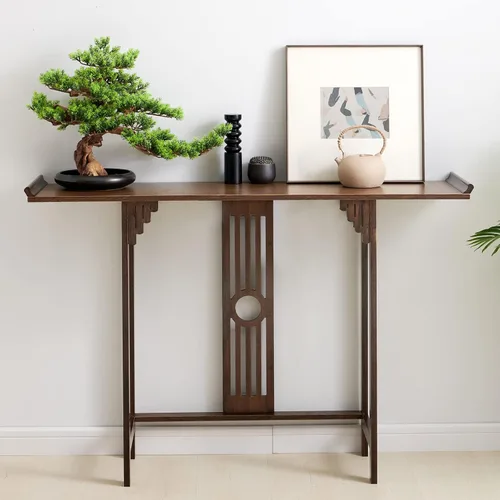 Mesa vintage de entrada de 2 niveles, mesa de consola de almacenamiento de bambú, mesa auxiliar para plantas, estante de exhibición de fotos,