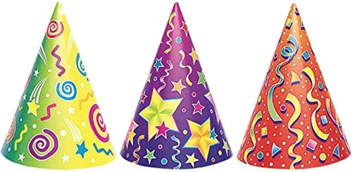 Kaleidoscope - Sombreros de fiesta de papel multicolor (paquete de 6) – Colores surtidos amarillo, morado y rojo – Perfecto para cumpleaños y