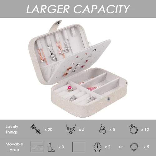 Miniatura 2 de XYMAO Joyeros portátiles de piel sintética para mujeres y niñas, organizador de joyas de viaje para collares, anillos y aretes (blanco brillante)