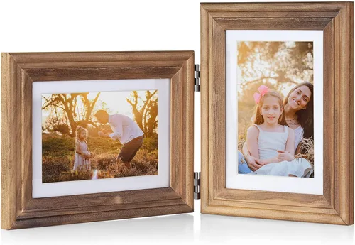Miniatura 30 de Marco de fotos doble de madera con bisagras horizontales de 5 x 7 pulgadas, marco de fotos plegable con frente de cristal real en negro para mesa