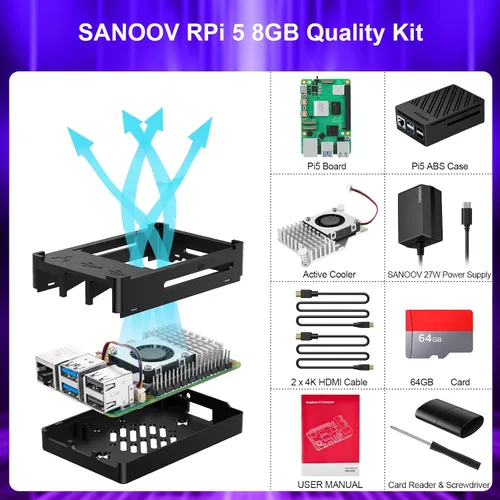 Miniatura 2 de Raspberry Pi 5 Kit 8GB RAM con enfriador activo y fuente de alimentación Pi 5 27W 5.1V5A, RPi 5 8GB caja ABS de una sola placa 2 HD Out 4K Cables