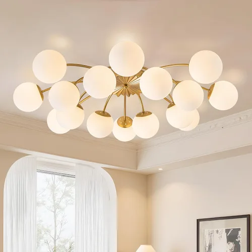 Miniatura 16 de Longree Sputnik - Lámpara de techo semiempotrada con forma de globo de vidrio de leche de 6 luces, color dorado, arte de mediados de siglo, moderna