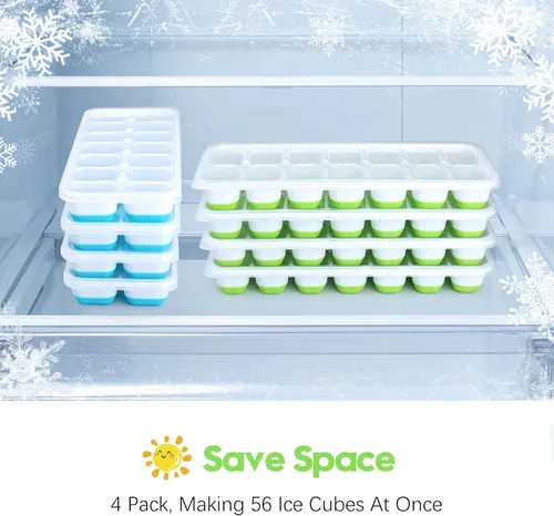 Miniatura 5 de Bandeja de silicona para cubitos de hielo, paquete de 8 bandejas de 14 cubitos de hielo flexibles y de fácil liberación con tapa extraíble