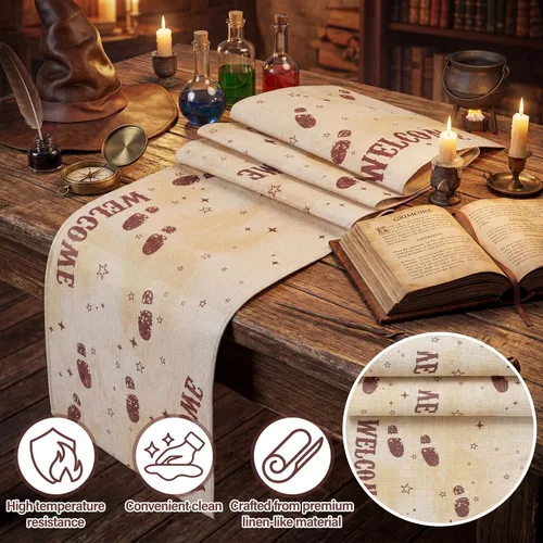 Miniatura 3 de Camino de mesa de mago mágico con mapa de huellas, 2 unidades, 13 x 72 pulgadas, decoración de fiesta de mago de lino, estilo vintage, decoración