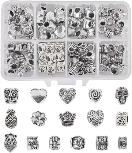 Miniatura 10 de NBEADS 80 cuentas espaciadoras de agujeros grandes estilo tibetano, 8 formas de cuentas africanas de bronce antiguo, cuentas de aleación europea