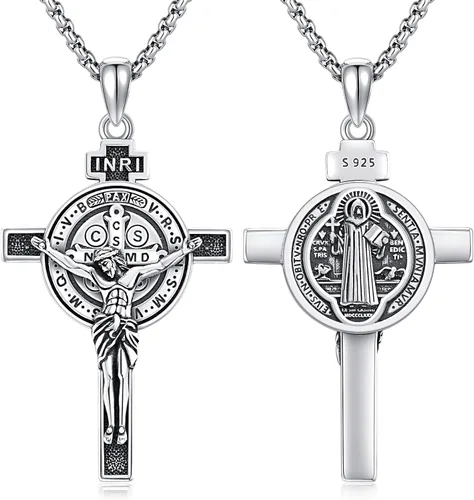 ADMETUS Collar de plata de ley 925 con diseño de santo patrón, collar de amuleto, joyería de cruz para hombre con cadena Rolo de 0.098 in, 22