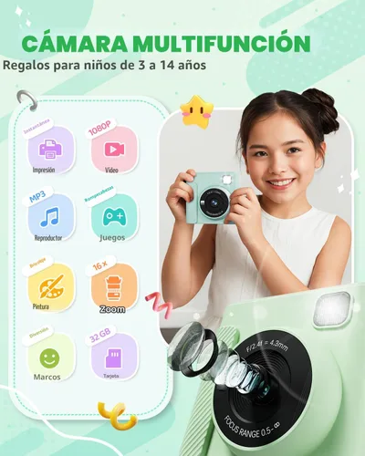 Miniatura 2 de TIATUA Cámara de impresión instantánea para niños, regalos de cumpleaños de Navidad para niñas y niños, cámara digital de video HD 1080P para niños