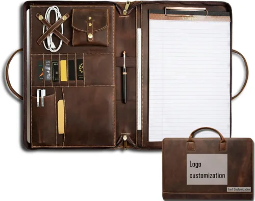 Miniatura 15 de Portafolio de Cuero Genuino, Organizador Padfolio con Asa, Padfolio Personalizado, Padfolio con Cremallera para Hombres y Mujeres, Adecuado