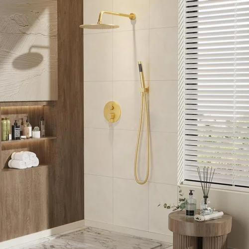 Miniatura 2 de Gabrylly Brushed Gold Shower System with Rough-in Valve, 10 Inch Wall Mounted High Pressure Rainfall Shower Head with Handheld Combo, Luxury All