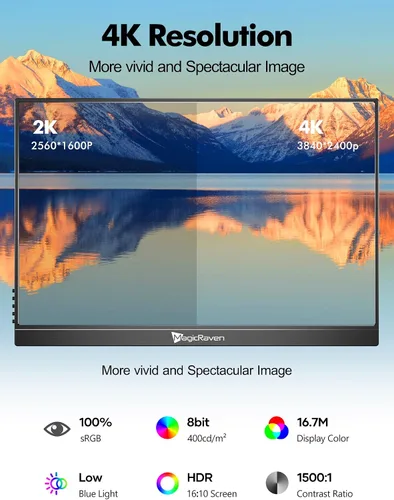 Miniatura 2 de MAGICRAVEN Monitor portátil 4K, pantalla de computadora portátil IPS de 16" 3840 x 2400, 1500:1, 400 Nits pantalla USB C HDMI pantalla