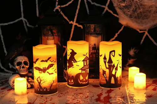 Miniatura 3 de Velas sin llama que funcionan con pilas con temporizador de 6 horas, calcomanías de Halloween de cera real LED parpadeantes, juego de 3 velas