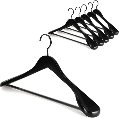 TOPIA HANGER - Paquete de 6 perchas de madera para abrigos en negro, perchas de hombro ancho con ganchos planos extra gruesos y barra antideslizante