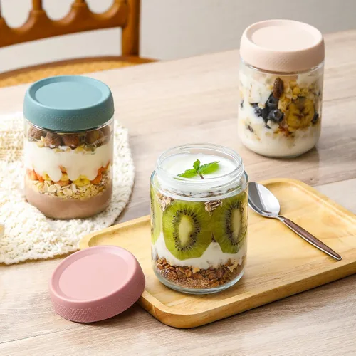 Miniatura 6 de NETANY Paquete de 6 recipientes de 16 oz para avena nocturna con tapas, tarros de vidrio con tapas herméticas, tarros de ensalada Mason de boca