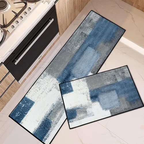 Juego de 2 alfombras y tapetes de cocina antideslizantes y lavables, color gris y blanco, moderno, abstracto, para piso, pintura geométrica, arte de