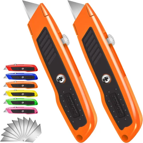 Jetmore Paquete de 2 cortadores retráctiles, cuchillo utilitario resistente con 10 cuchillas SK5 y bloqueo de seguridad, navaja portátil para el