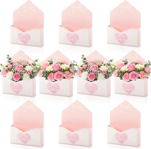 Geyee 10 cajas sobre para ramo de floristería de graduación clase de 2026, ramo de flores de corazón rosa, embalaje de papel de regalo, bolsas de
