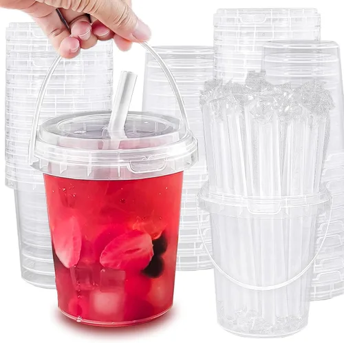 Miniatura 10 de Qsqwsuye 15 juegos de vasos de plástico desechables con tapa y pajita, 34 onzas reutilizables y adecuados para viajes al aire libre, embalaje