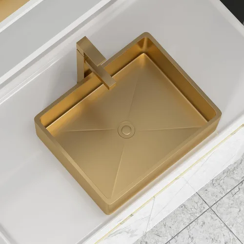 Miniatura 8 de Fregadero de recipiente blanco redondo - Fulorni 33x33 cm Lavabo de baño de cerámica de porcelana con borde dorado sobre encimera, fregadero