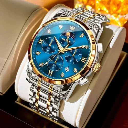 Miniatura 7 de OLEVS Watch for Men Diamond Business Dress Analog Quartz Stainless Steel Waterproof Luminous Date Two Tone Luxury Casual Wrist Watch Blue