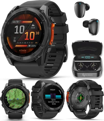 Miniatura 22 de Garmin Fenix 8 – 2 pulgadas, reloj inteligente multideporte GPS AMOLED, zafiro, titanio con banda de silicona naranja brillante/grafito, linterna