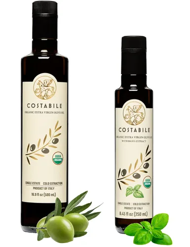 Aceite de Oliva Virgen Extra con infusión de albahaca y mezcla clásica rica en polifenoles. Aceites de oliva totalmente naturales, 100% italianos.