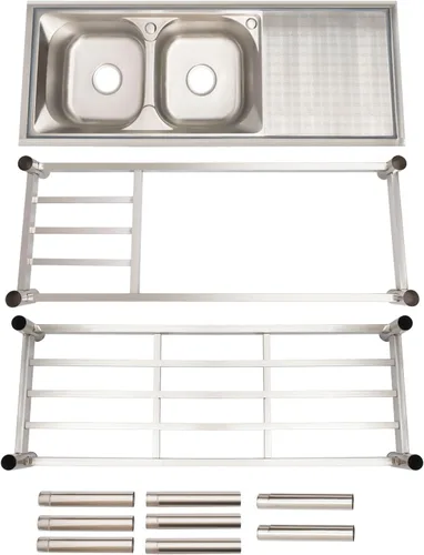 Miniatura 5 de Fregadero de acero inoxidable de doble tazón, juego de fregadero de cocina de restaurante comercial con grifo y escurridor, lavabo de mano con banco