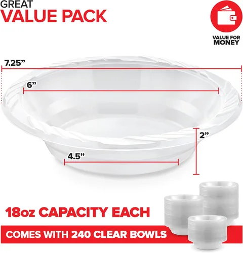 Miniatura 2 de Stock Your Home (240 unidades) Elegantes cuencos de plástico transparente de 18 onzas para fiestas, tazón grande desechable para cenas o cócteles