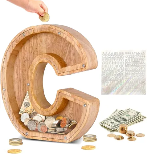 Miniatura 30 de Alcancía de Madera Personalizada con Letras del Alfabeto, Banco de Monedas con Letras del Alfabeto para Niños, Niñas y Bebés, Tamaño Grande, 26