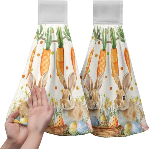 Miniatura 28 de Juego de 2 toallas de cocina colgantes de hojas tropicales de verano, color verde, hojas de palmera, con bucles para colgar, suaves y absorbentes