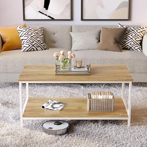 Miniatura 2 de SAYGOER Mesa de centro con almacenamiento de 2 niveles, mesa central industrial para sala de estar, mesa de madera rectangular para espacios Beige