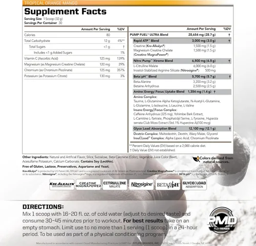 Miniatura 2 de PMD Sports Pump Fuel Ultra Insanity - Polvo de preentrenamiento premium y bomba muscular, mayor enfoque, resistencia y recuperación, creatina Mango