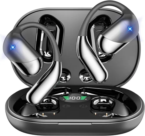Open Ear Clip Wireless Earbuds Bone Conduction Headphones, Bluetooth Built-in Mic, Waterproof, LED Display Charging Case,Ear Hooks Ear Buds,