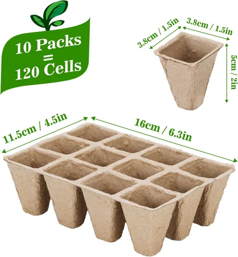 Miniatura 2 de Doter 10 paquetes de bandejas de inicio de plántulas, 120 celdas, bandejas de germinación de semillas biodegradables, macetas de turba para plantas