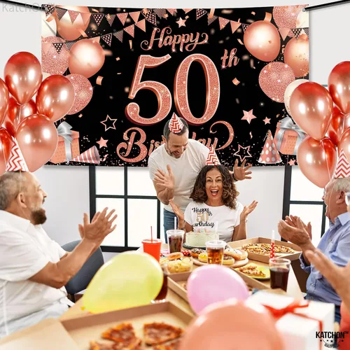 Miniatura 5 de KatchOn, Cartel de cumpleaños número 50 de oro rosa – Xtragrande de 72 x 44 pulgadas Decoraciones de cumpleaños 50 para mujer Cartel Hbd