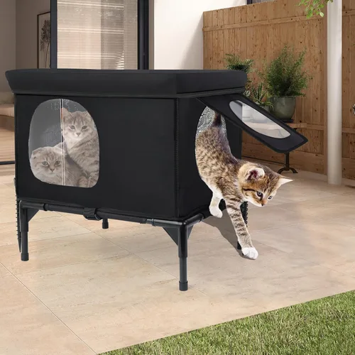 Miniatura 8 de Casa para gatos al aire libre, resistente a la intemperie, aislada, para gatos con cojín acogedor, refugio elevado para gatos al aire libre