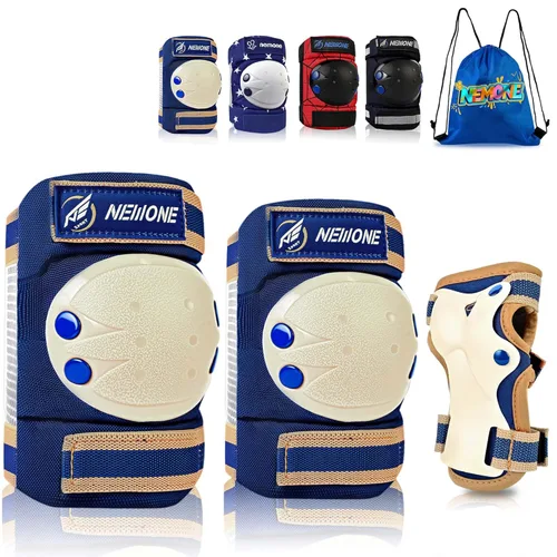 Miniatura 12 de NEMONE Rodilleras para niños, niñas, coderas, muñequeras con bolsa de cordón, juego de equipo de protección reflectante ajustable para patinaje