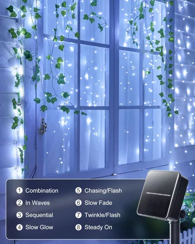 Miniatura 9 de Minetom Guirnalda de luces solares, 2 paquetes en total de 200 luces LED solares de 66 pies, luces solares impermeables para exteriores, patio